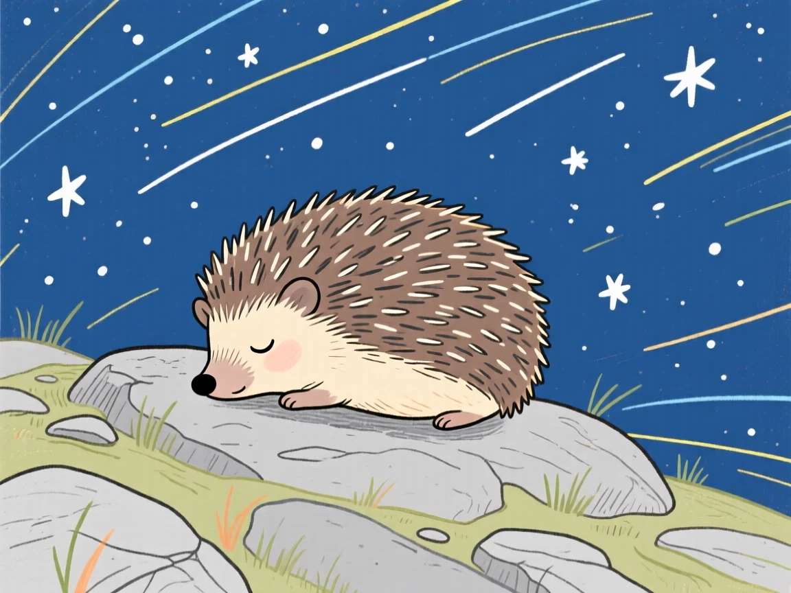 A small hedgehog napping on a rocky hillside under a clear starry sky.
