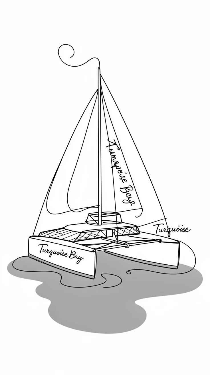 A double-hulled sailing catamaran anchored in a turquoise bay