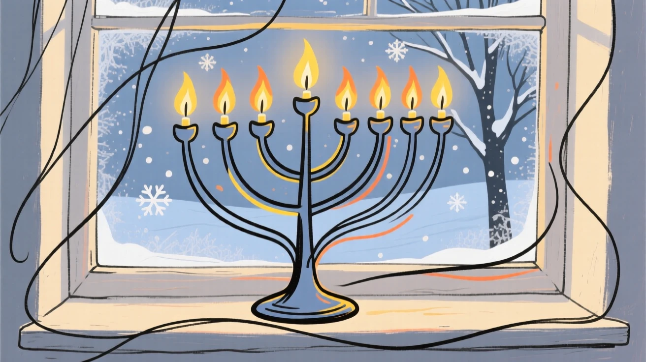 A Hanukkah menorah glowing on a windowsill during winter evening.