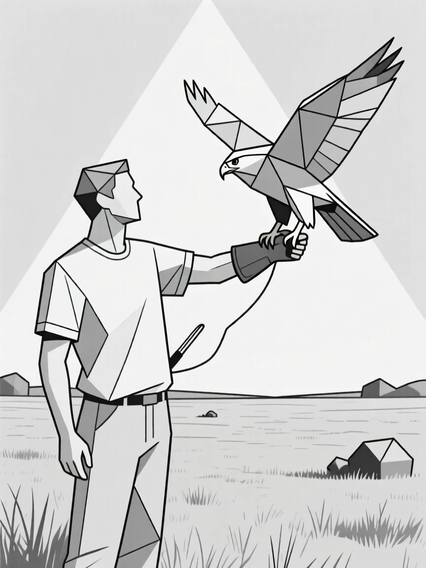 A falconer training a hawk in an open field
