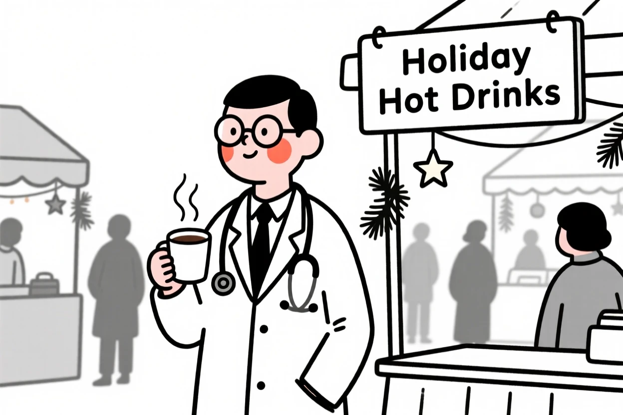 A doctor taking a quiet break at a bustling holiday market.