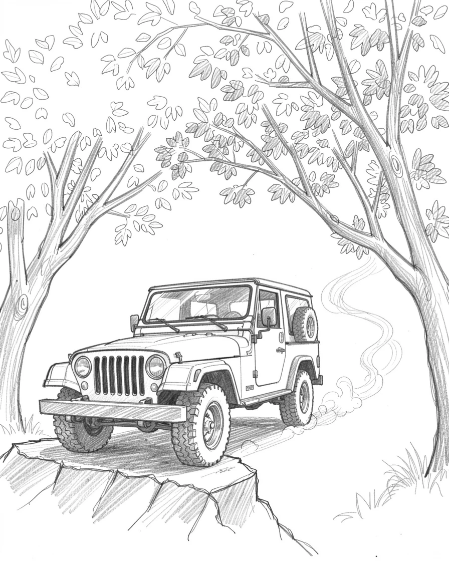 An eye-catching view of a rugged jeep parked at a mountain overlook under a canopy of autumn trees, with a trail of dust rising behind it.