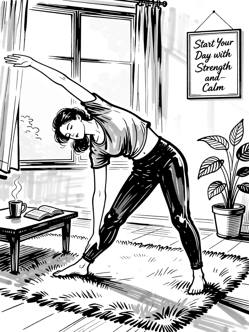 A woman doing morning stretches on her living room floor.