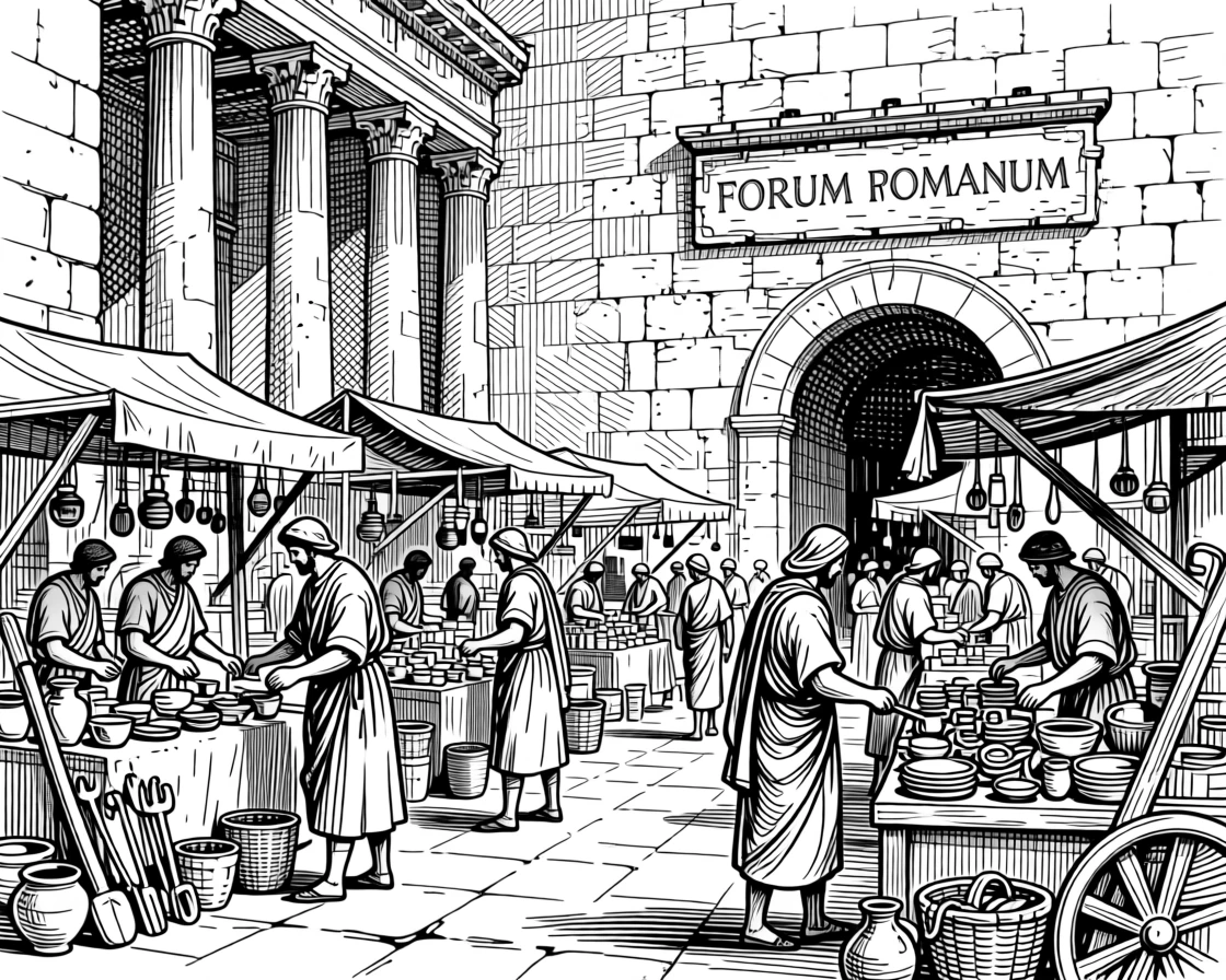 An ancient roman marketplace bustling with traders surrounded by ancient stone architecture, with traditional tools laid out with care, portrayed in a rich with history historical scene.