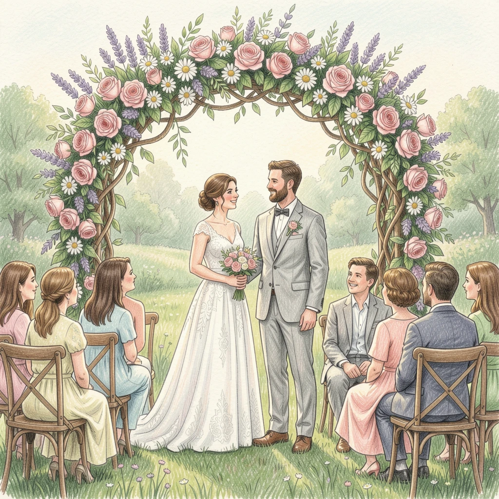 A summer garden wedding beneath a flower-covered arch, with soft, natural light bringing warmth to every detail, radiating comfort, joy, and quiet beauty.