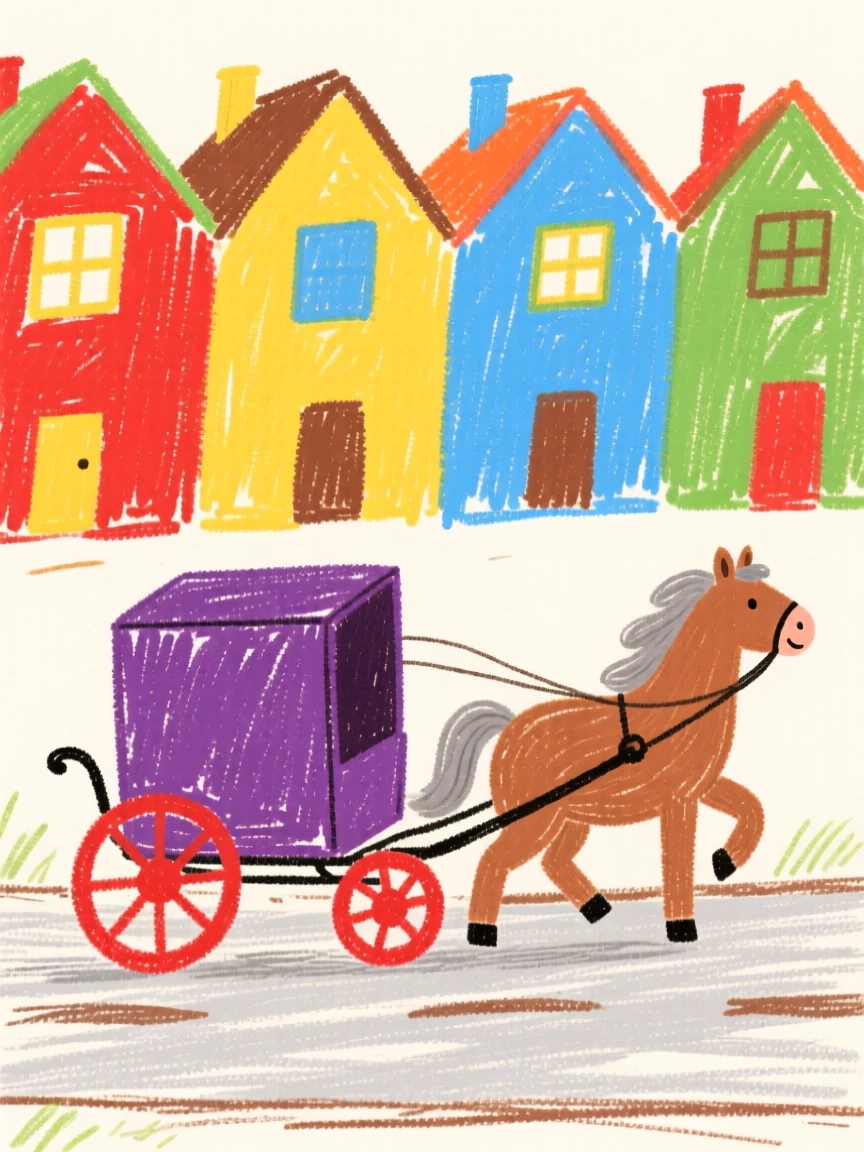 A horse drawn carriage drifting past a row of colorful houses.