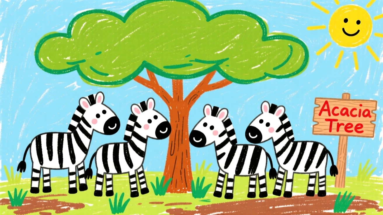 A herd of zebras under a wide acacia tree.