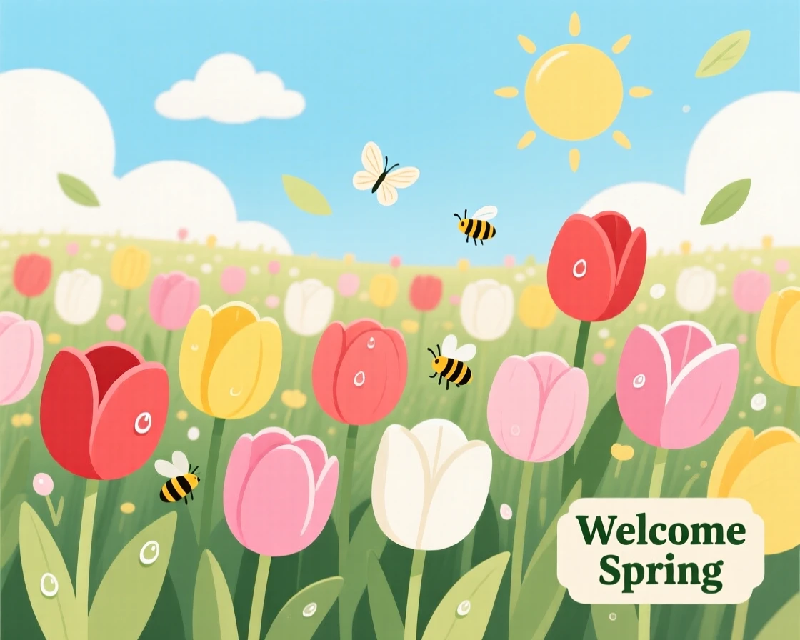 A field of blooming tulips announcing the arrival of spring, surrounded by gentle seasonal weather elements, composed with cozy, inviting seasonal warmth, with charming small details that evoke the season perfectly.