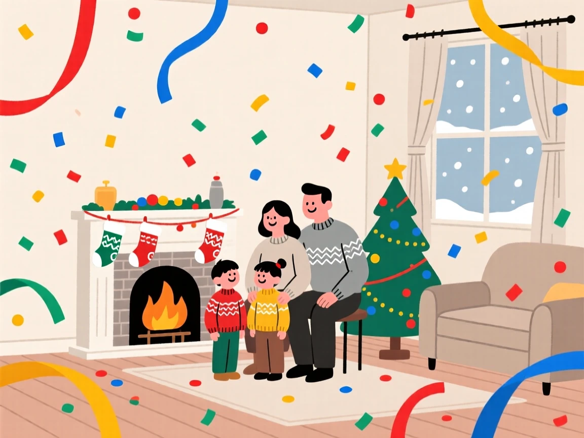 A winter celebration with confetti and streamers filling a family home.