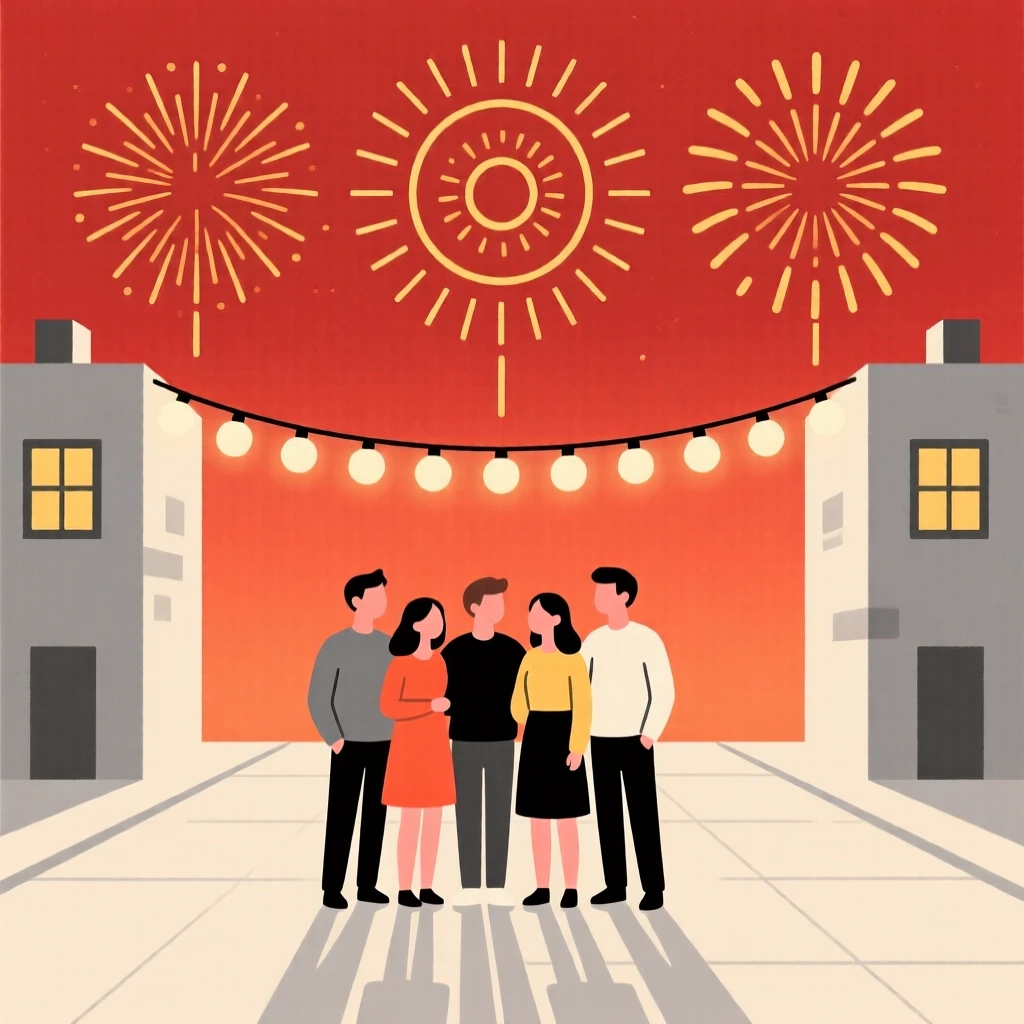 Friends gathered for a New Year's countdown in a festively lit town square, surrounded by bursts of fireworks, radiating warm togetherness.