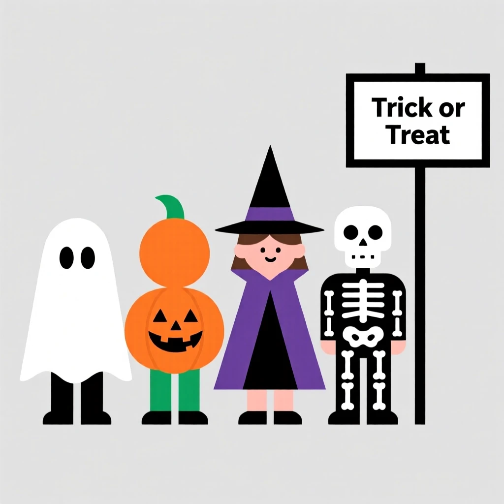 A group of children trick-or-treating in costumes