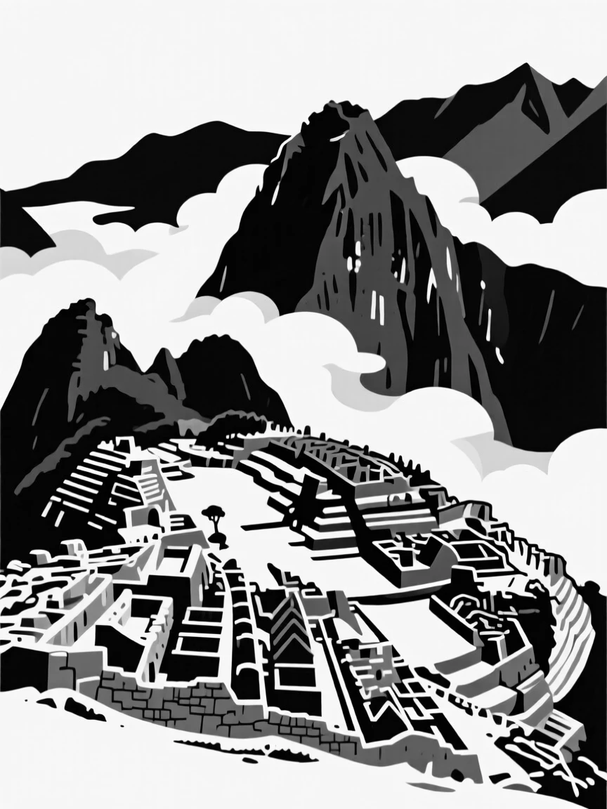 Machu Picchu shrouded in morning clouds.