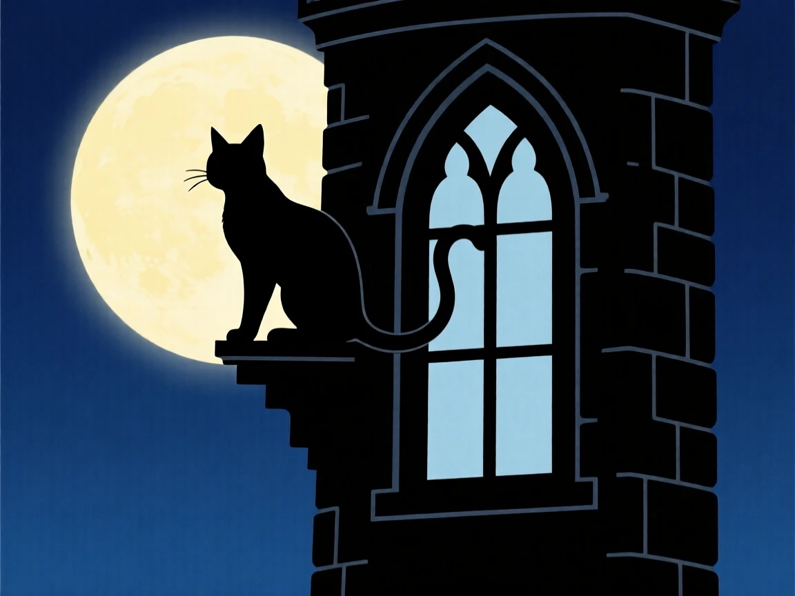 A wizard's cat familiar perched atop a tower window at midnight.