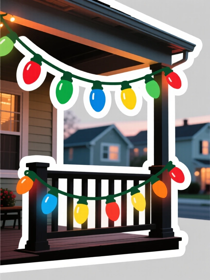 A brightly colored string of colorful holiday lights on a porch, glowing softly in the evening light, as the whole neighborhood celebrates together.
