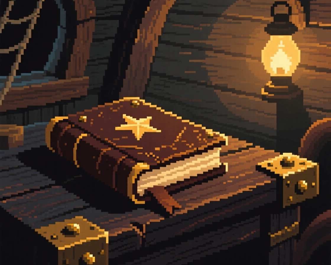 A spellbook bound in worn leather glowing softly in a dark room, on a captain's desk aboard an old ship.