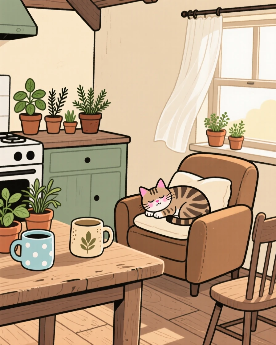 Morning light spills across a small farmhouse kitchen filled with potted herbs and mismatched mugs, where a tabby kitten naps peacefully on the armchair cushion.