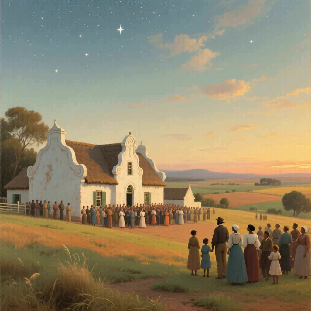 A broad landscape view of a New Year's celebration with a crowd gathered beneath a starry sky, in late afternoon, in a Cape Dutch farmstead in South Africa.