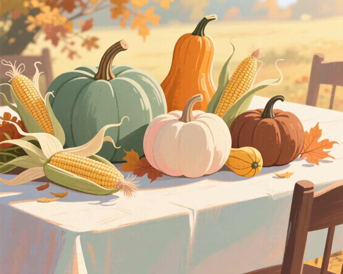 A harvest table laden with squash, corn, and autumn gourds