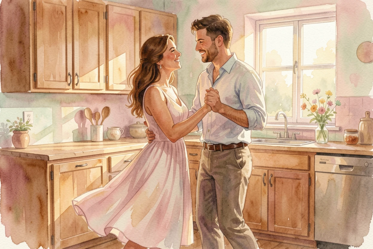 A couple slow dancing in their kitchen with warm smiles all around.