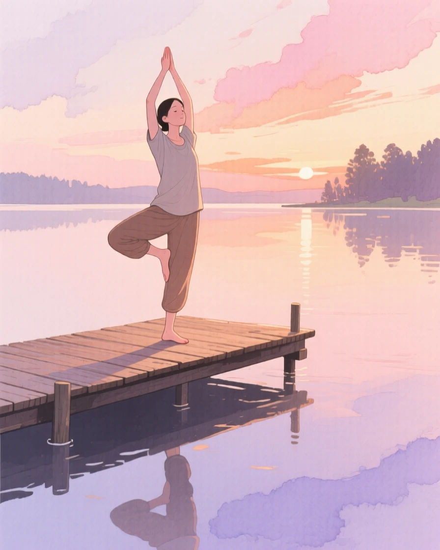 A yoga practitioner holds a pose on a wooden dock overlooking a still lake at sunrise