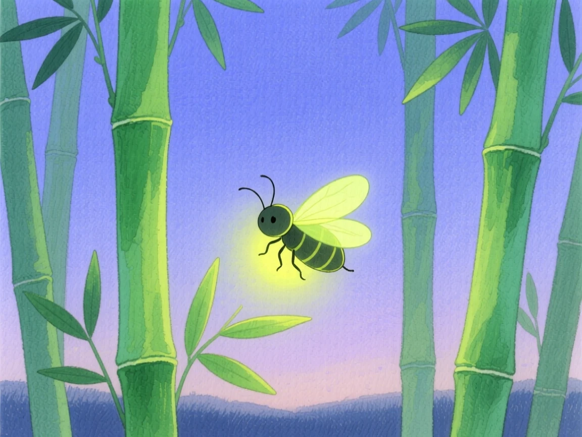 A close-up portrait of a firefly glowing at dusk in a bamboo grove.