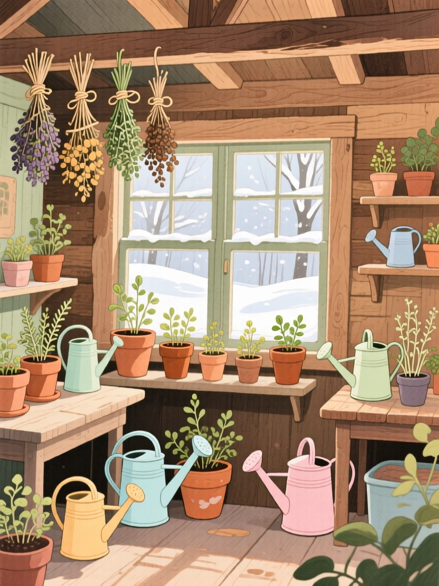 A garden shed with terracotta pots, watering cans, and hanging bundles of herbs, with a light dusting of snow visible through the glass, evoking deep comfort and contentment.