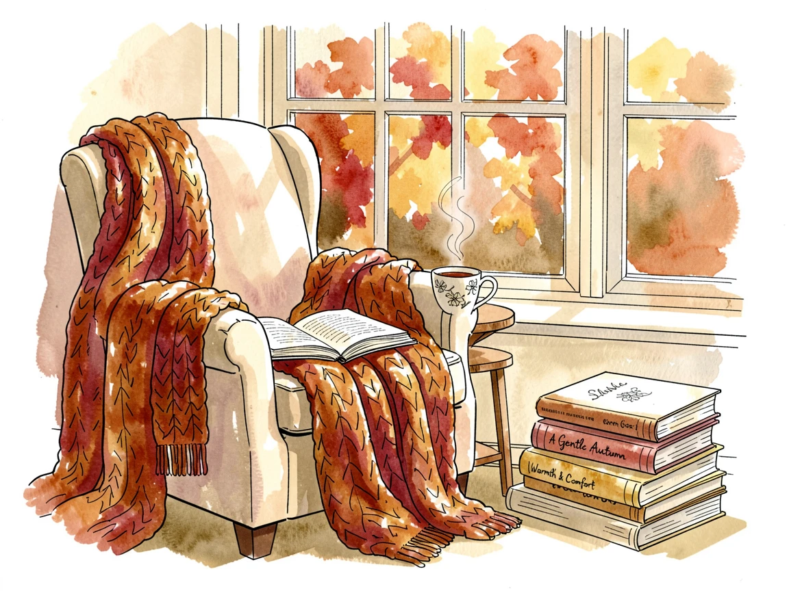 A cozy autumn reading nook with a blanket, tea, and a pile of books, soft light and seasonal color bringing the moment to life.
