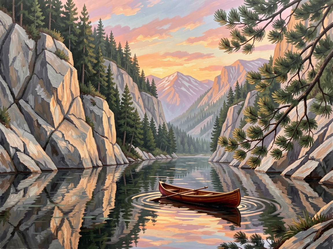 A river winding through a steep limestone gorge, surrounded by towering pine-covered mountains, a canoe drifting quietly past overhanging branches, at sunset, the sky reflected perfectly in the still water.