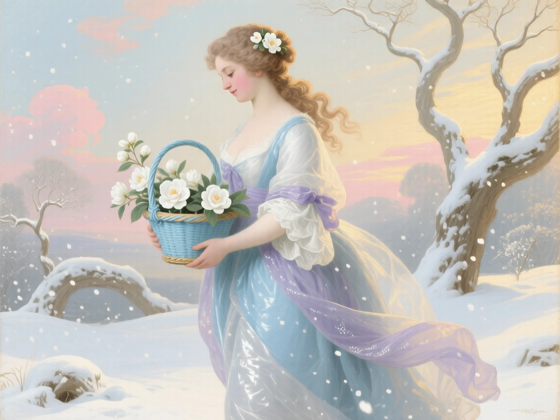 A woman representing winter, walking through snow with a basket of white camellias  