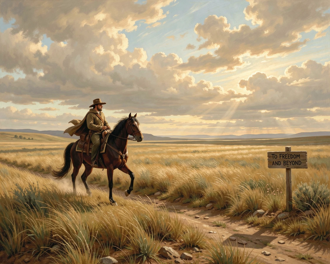 A vast plain where a lone rider crosses the grass.