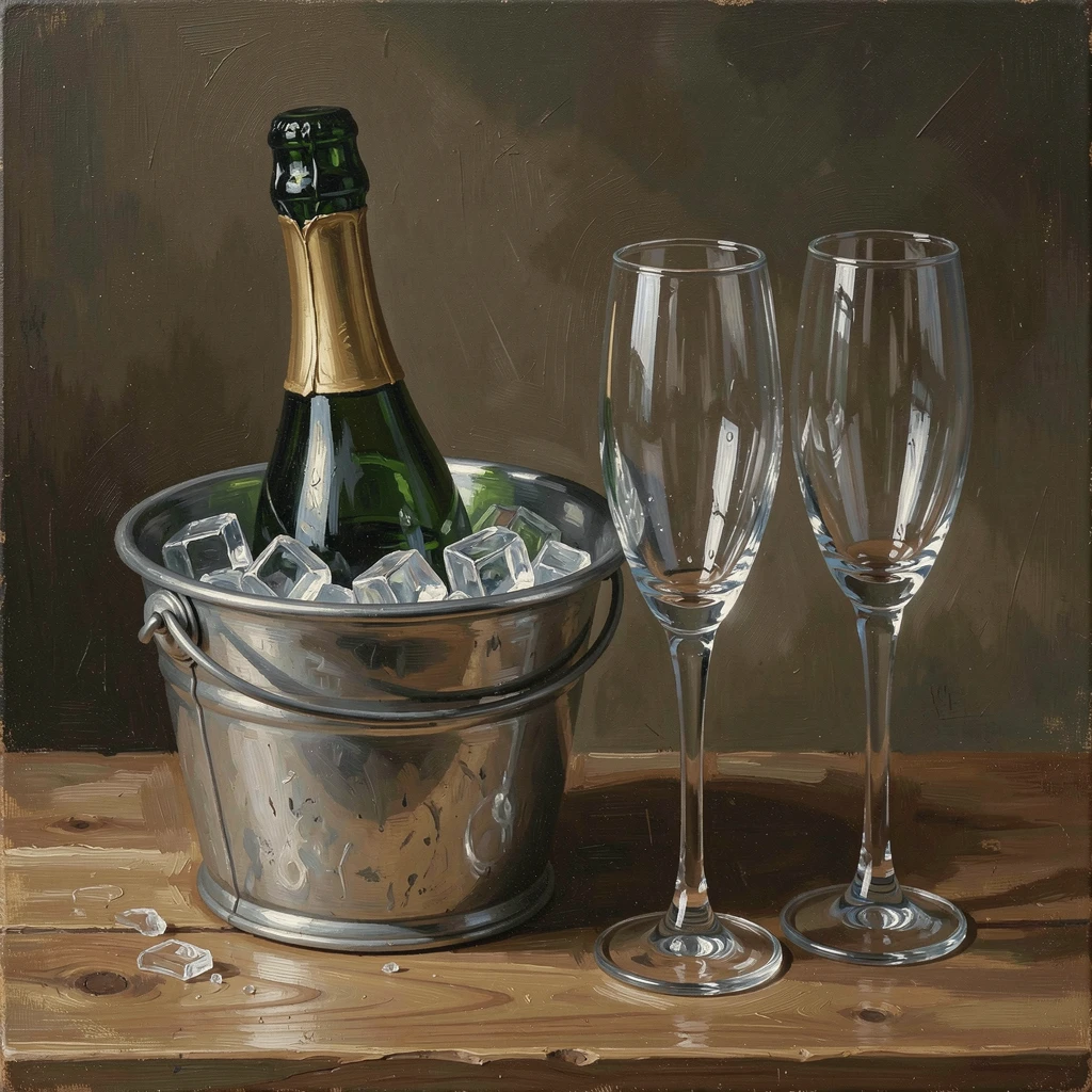 A bottle of champagne chilling in ice beside two crystal flutes, as reflections shimmer subtly across polished surfaces, capturing timeless beauty through carefully chosen objects