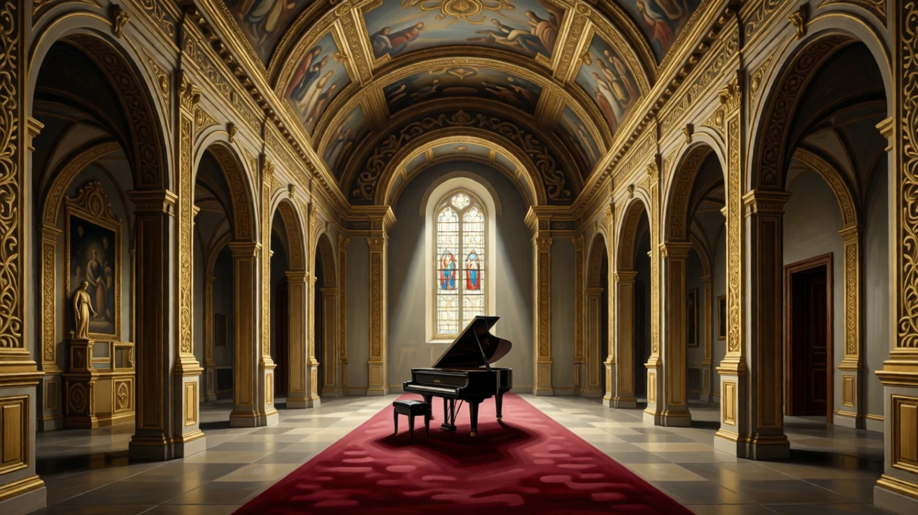 A palace throne room with gilded moldings and a crimson carpet resonating with the faint echo of distant footsteps, set inside a centuries-old cathedral of quiet reverence, with a single grand piano standing beneath a shaft of window light; symmetry and repetition of arches create a sense of timeless order, capturing the serene majesty of a space built to inspire awe.