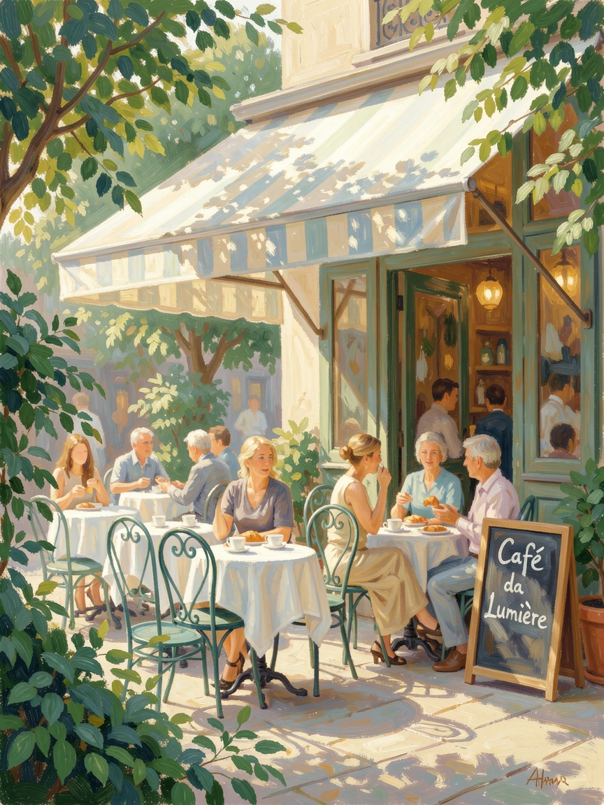 A charming Parisian café with wrought-iron chairs and a striped awning, patrons chatting over coffee and croissants, in the lush green of midsummer, inspiring awe at the beauty of the scene.