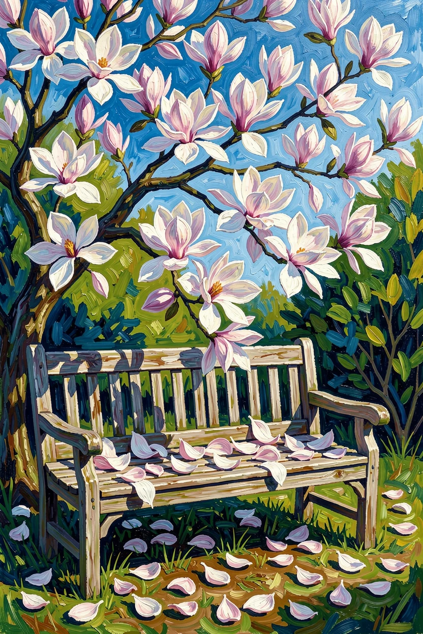A garden bench beneath a blooming magnolia, petals scattered across the seat.