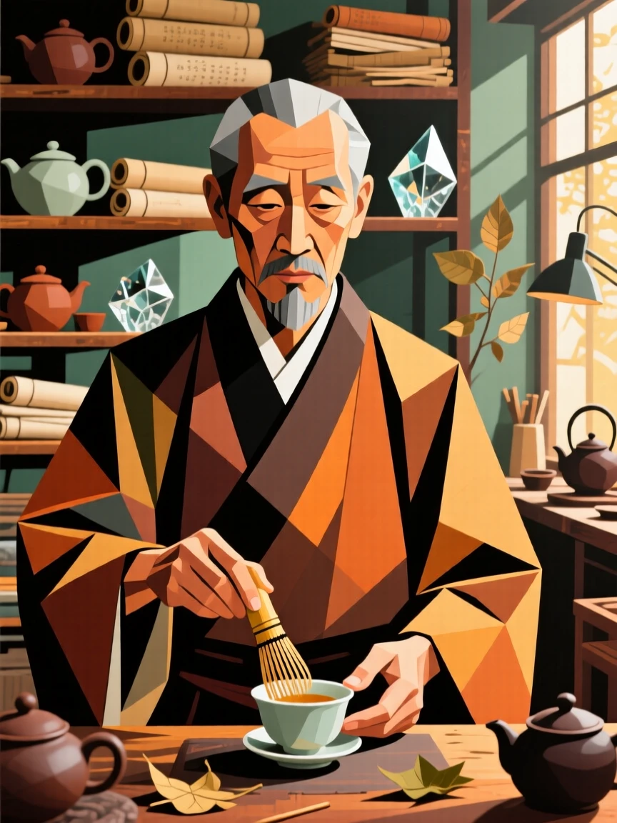 A medium shot portrait of a tea master in a bustling studio filled with warm afternoon light, focused and content in the craft.