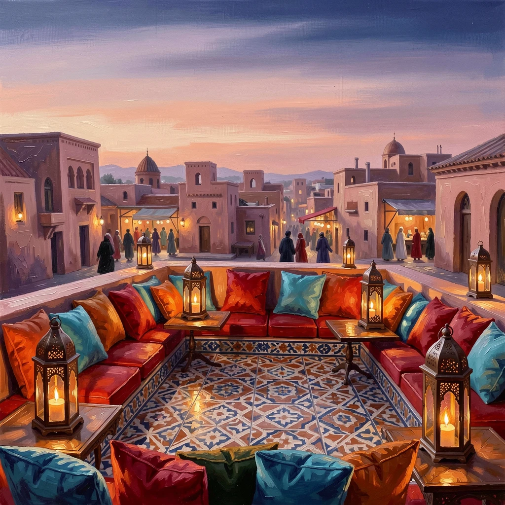 A luxurious rooftop terrace in Marrakech shows patterned tile floors, colorful cushions, and lanterns overlooking the ancient medina at dusk, local life visible in the background, adding a quiet sense of authenticity to the scene.