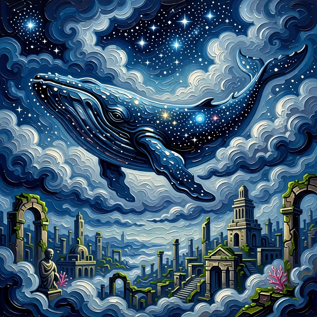 a leviathan whale gliding through starlit clouds soaring above an ancient sunken city
