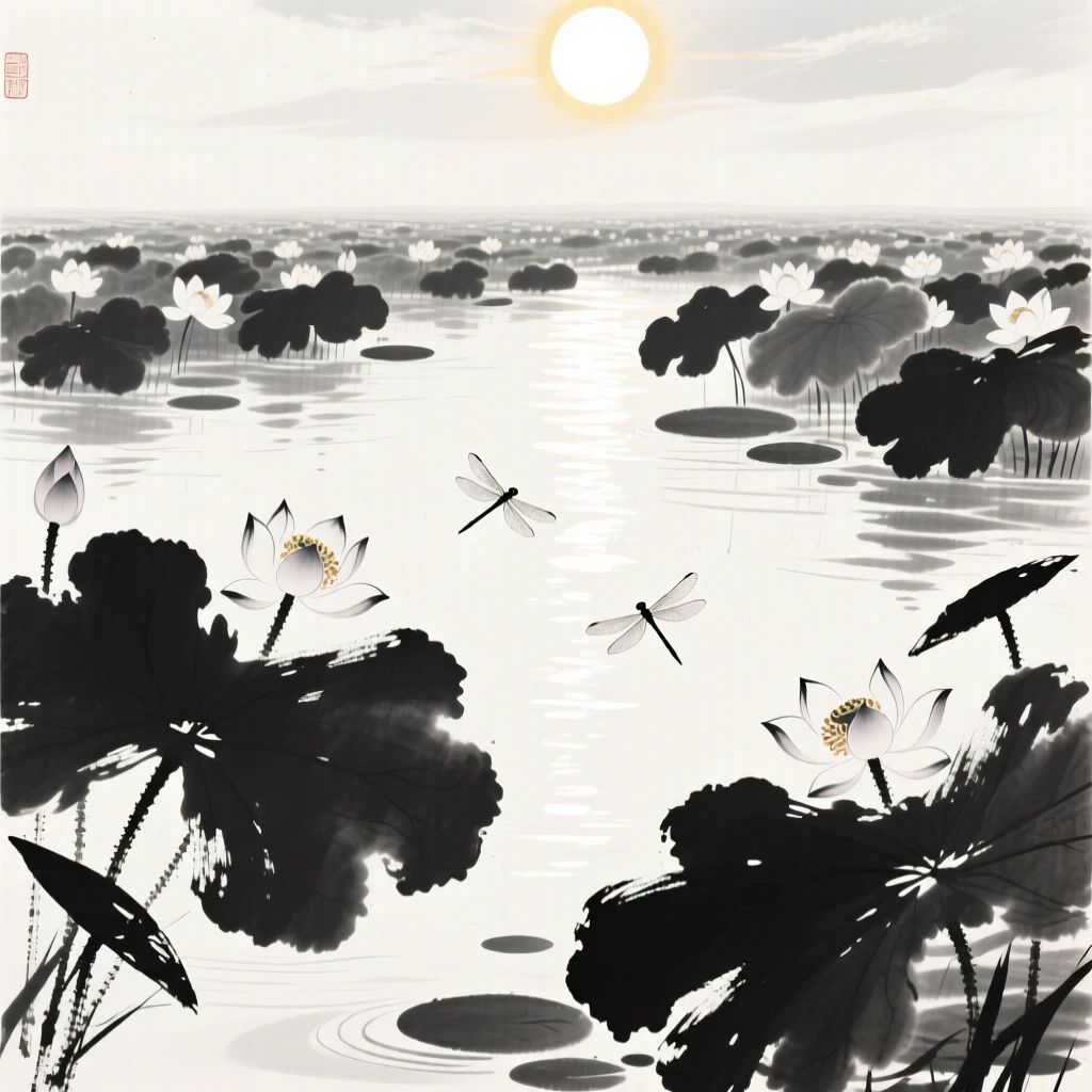 A wide lotus pond blooms fully beneath the height of summer sun, as dragonflies dart above the water's surface.