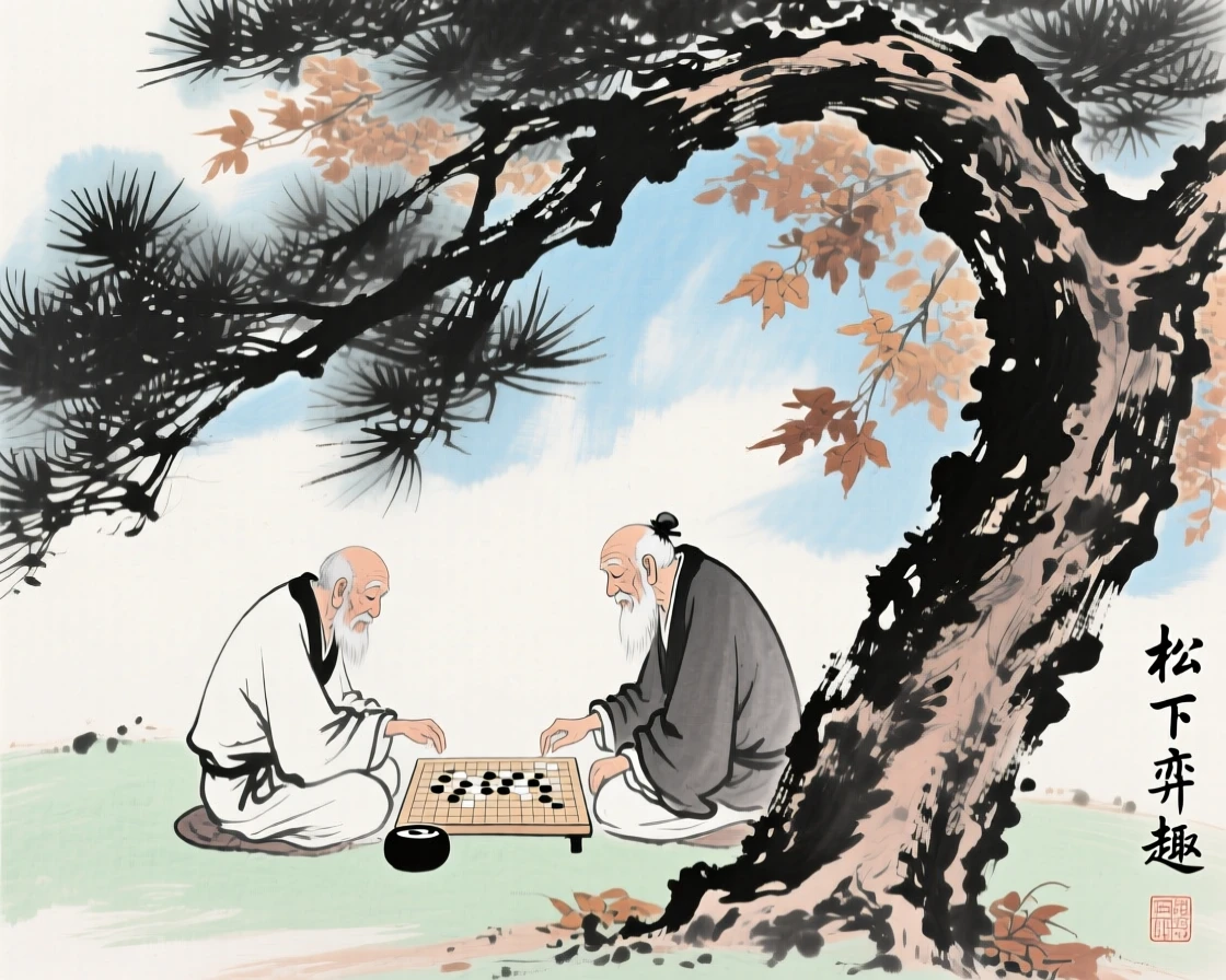 Two elders playing a game of go beneath a spreading pine, in late autumn, in the soft light of late afternoon, filled with tranquil stillness.