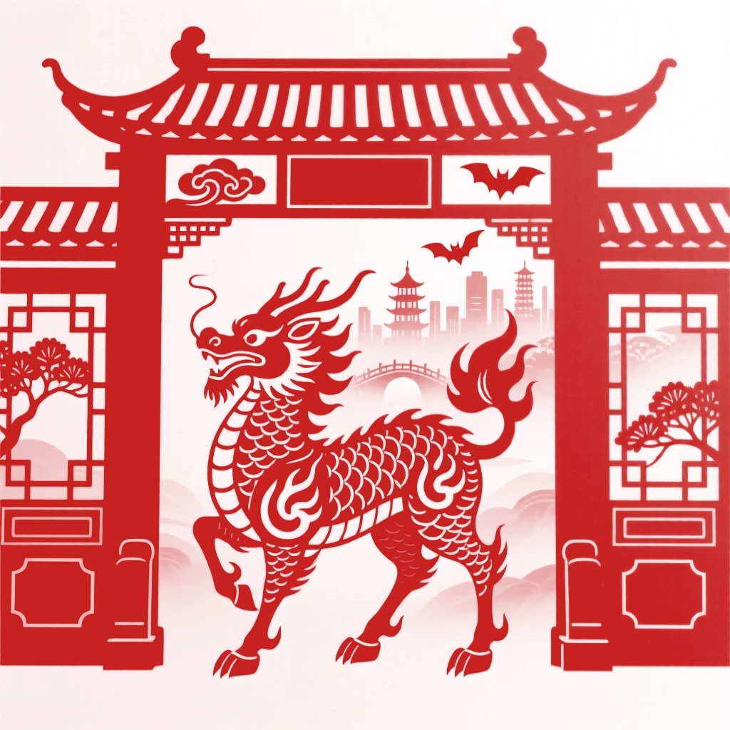 A guardian qilin standing at the gate of a hidden realm, mist parting to reveal a city beyond