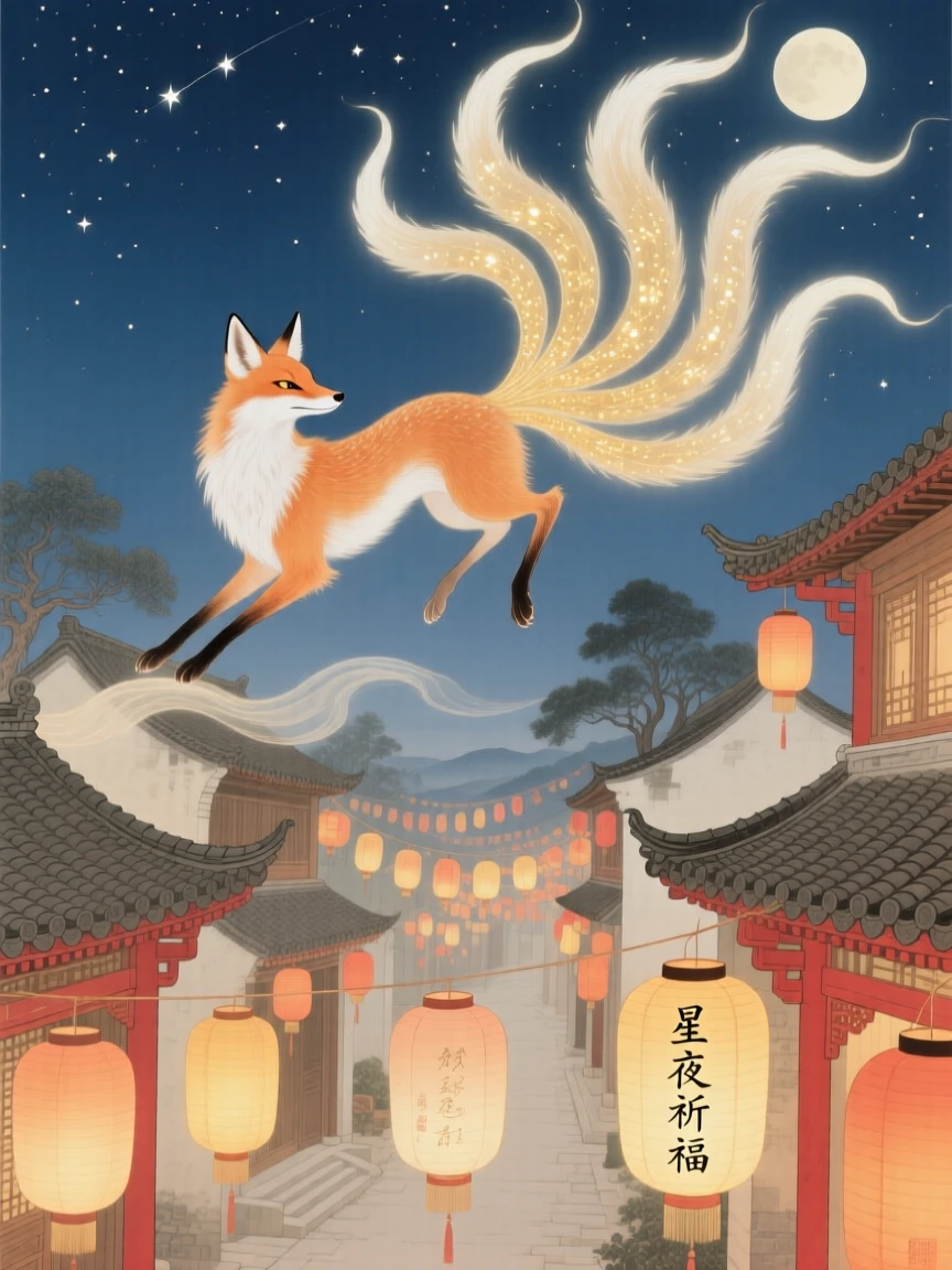 A fox spirit with nine slender glowing tails above a village during a starlit festival