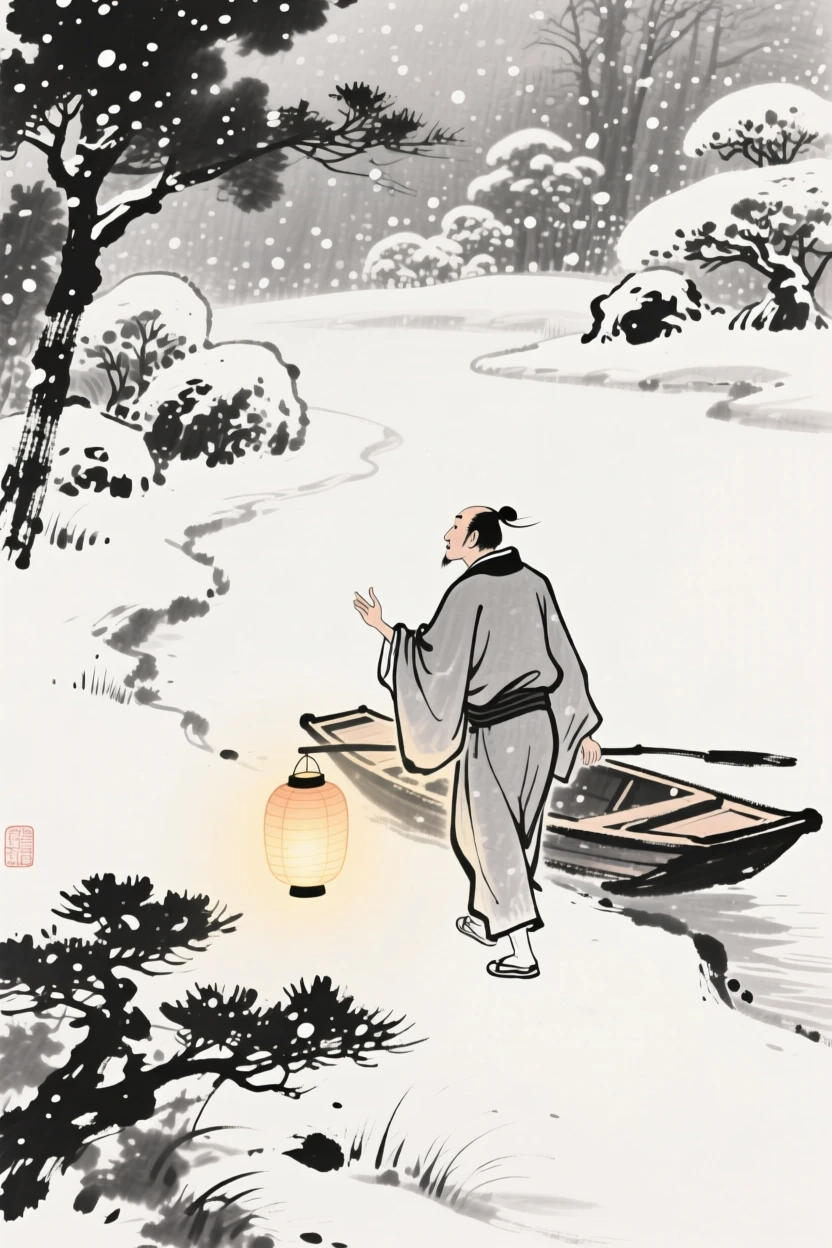 A boatman walking home along a lantern-lit path in a quiet garden beneath falling snow, captured mid-gesture in a candid, natural moment, suggesting harmony between people and their surroundings.