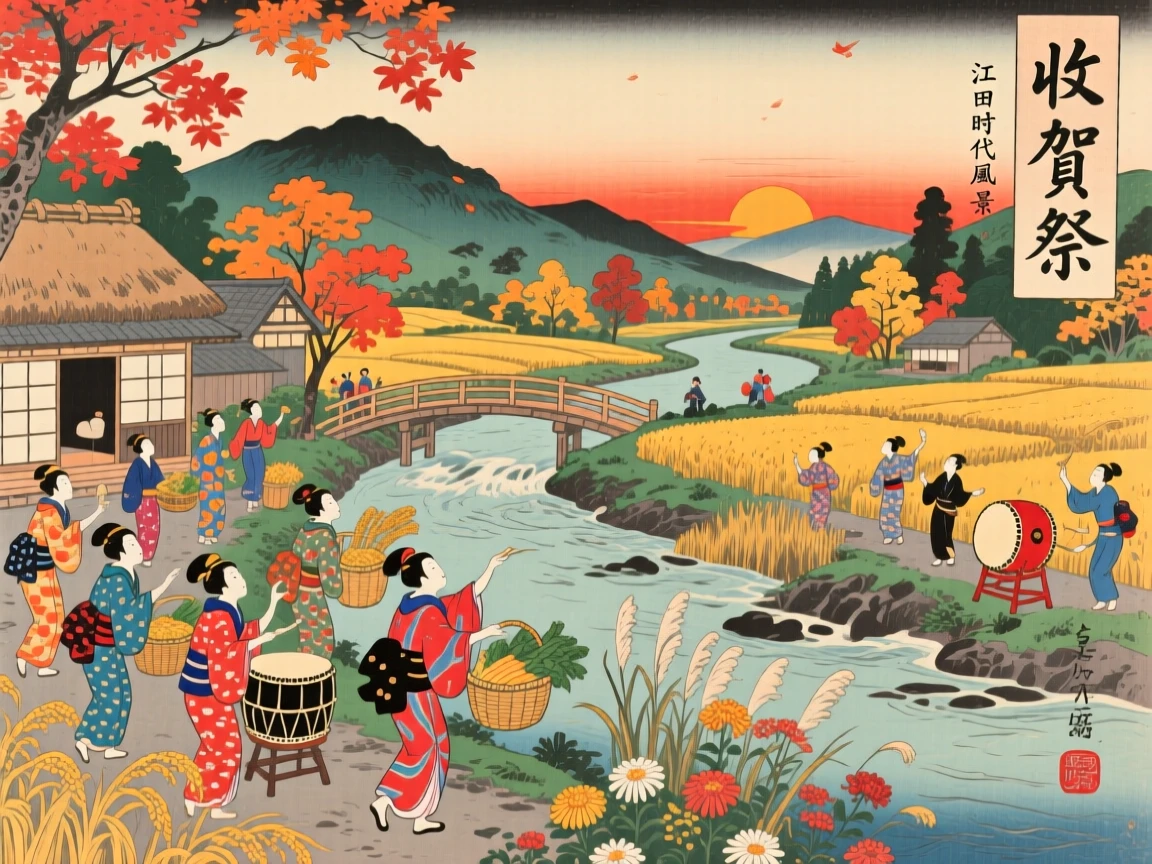 A harvest celebration bursting in brilliant colors above a river.