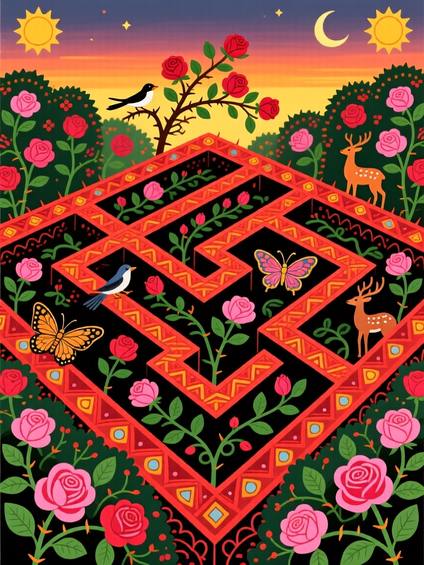 A rose garden maze glowing softly in the light of early evening.