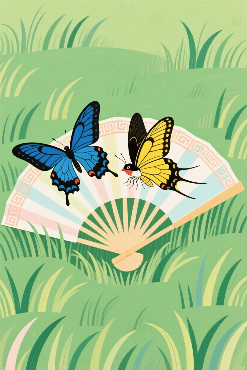 A pair of swallowtail butterflies resting on an open fan left in the grass.