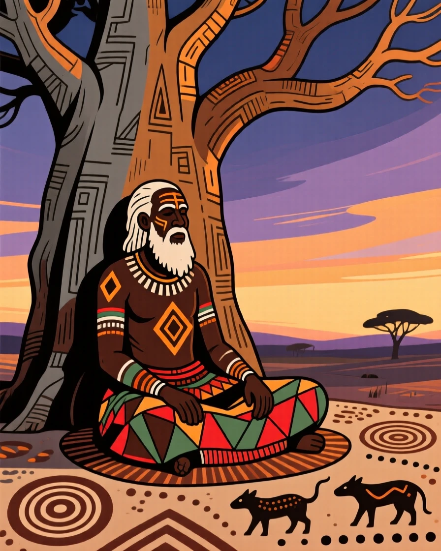A storyteller seated beneath a baobab tree at dusk.
