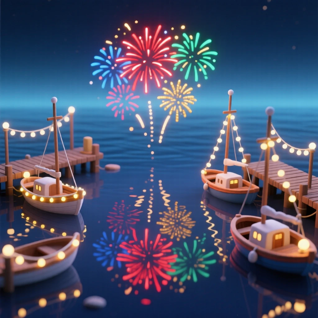 A New Year's fireworks display reflected in a harbor, boats decorated with lights bobbing gently in the water.