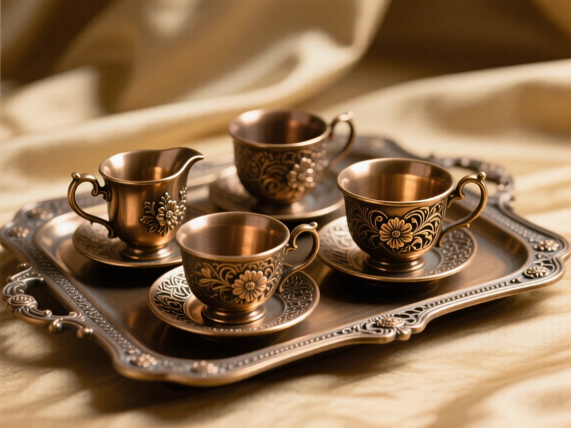 A set of ornamental teacups arranged on a tray, set against a soft, elegant background, radiating elegance and refinement