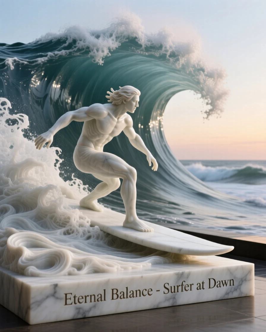An evocative depiction of a surfer riding a towering wave at dawn, in a moment of quiet stillness, balancing detail with emotional depth