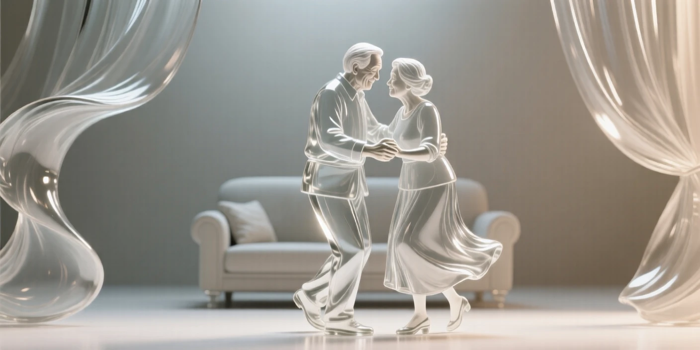 As a soft breeze stirs the curtains nearby, an elderly couple dancing slowly together in their living room